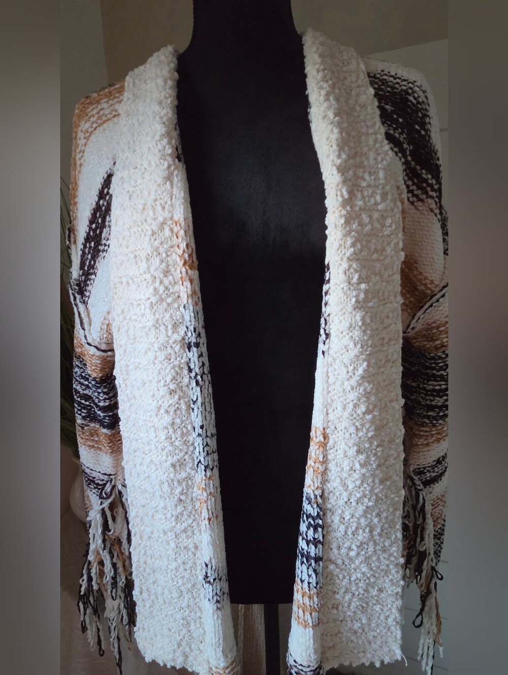 POL Brown Striped Oversized Chunky Knit Colorblock Fringe Tassel Sleeve Cardigan